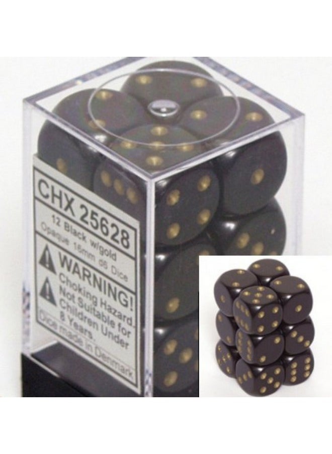 Black with Gold pips Opaque Dice 16mm D6 Set of 12