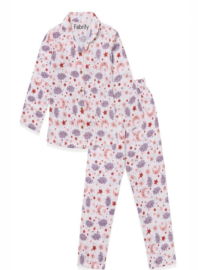 Fabrify Baby and Kids Muslin Cotton Pyjama Set, Nightwear, Sleepwear, Trendy Nightsuit for Boys and Girls (3-4 Years, Moon & Stars) - Image 1