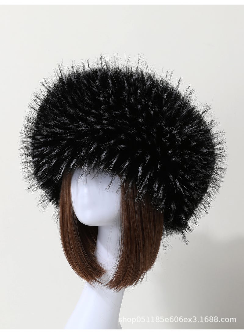Generic - 2024 New Arrival Autumn/Winter Faux Fur Plush Thickened Top Hat Travel Warm Hat Ring Fox Fur Head Breathable Skullies Beanies Black and white - Image 1