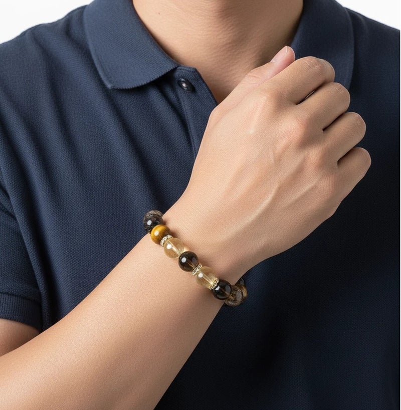 سوار من الكريستال الطبيعي المرصع بالسترين الأصفر وعين النمر - سوار رجالي، هدية رجالية - قابل للتعديل، مقاس واحد يناسب الجميع - Image 1