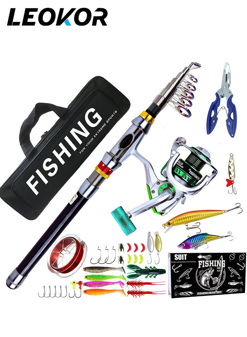 ليوكور صندوق صنارة صيد ومعدات صيد، صنارة صيد تلسكوبية محمولة من ألياف الكربون - مجموعة أدوات صيد - مع مجموعة بكرة، خيط صيد، مجموعة طُعم صيد، حقيبة تخزين - 2.1 متر - Image 1