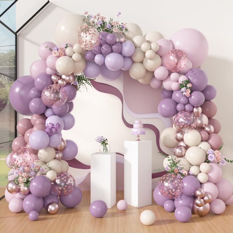Amandir 173Pcs Dusty Purple Balloon Arch Garland Kit, Double-stuffed Pink White Sand Lavender Lilac Light Purple Rose Gold Confetti Balloons for Bridal Shower Wedding Birthday Party Decorations - Image 1