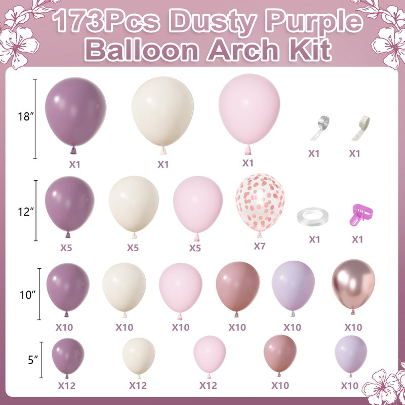 Amandir 173Pcs Dusty Purple Balloon Arch Garland Kit, Double-stuffed Pink White Sand Lavender Lilac Light Purple Rose Gold Confetti Balloons for Bridal Shower Wedding Birthday Party Decorations - Image 2