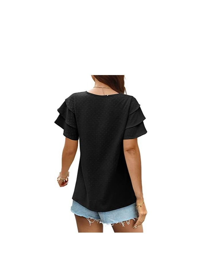 Loquat New Women's V-neck Multi-layer Lotus Sleeve Loose Casual Short Sleeve T-Shirt  - Image 2
