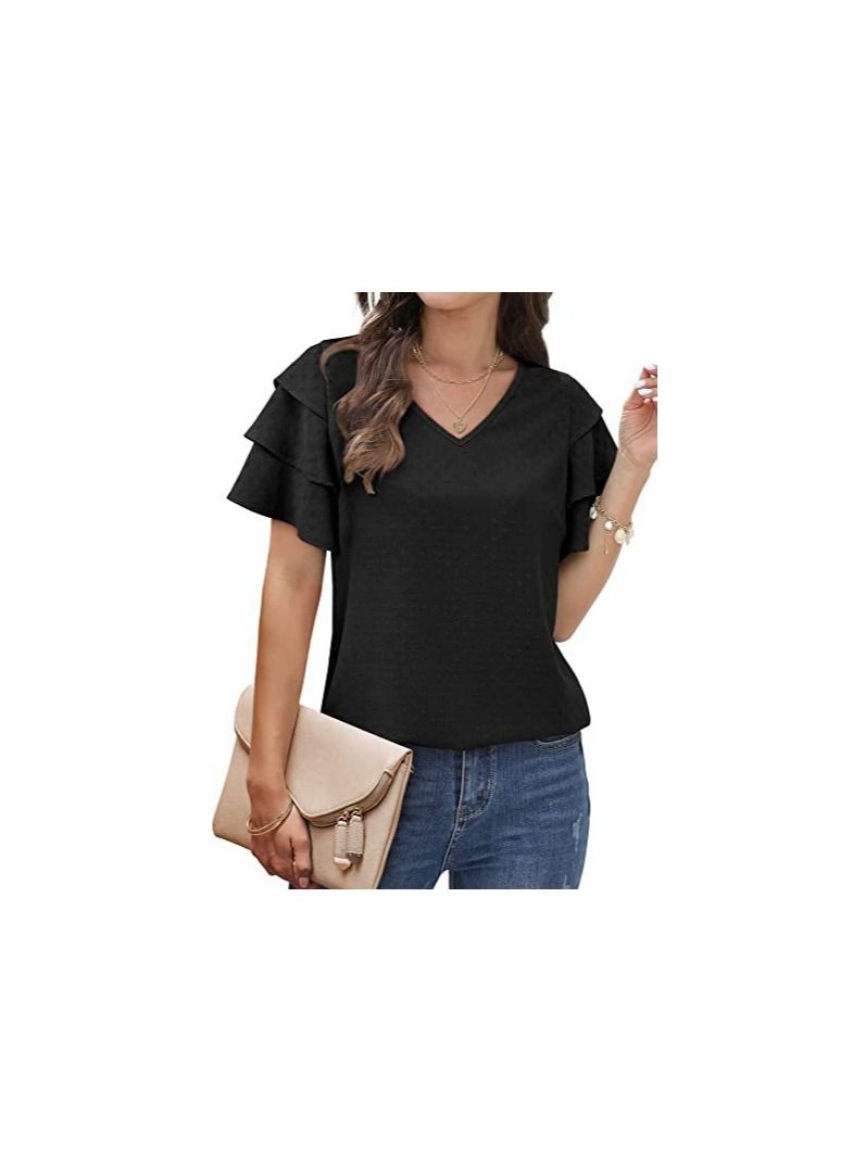 Loquat New Women's V-neck Multi-layer Lotus Sleeve Loose Casual Short Sleeve T-Shirt  - Image 1