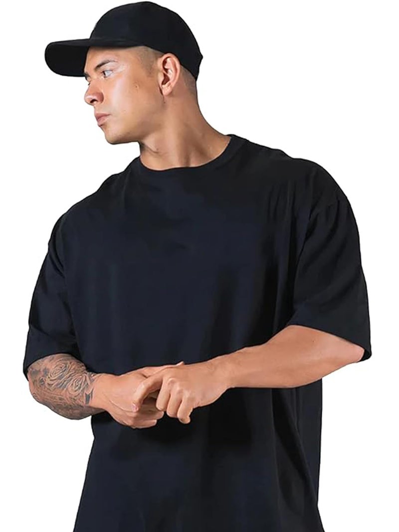 Veirdo®Black Oversized Baggy Fit Drop Shoulder Half Sleeves Round Neck Solid Pure Cotton T-Shirt for Men (OS_100_Black_XL) - Image 1