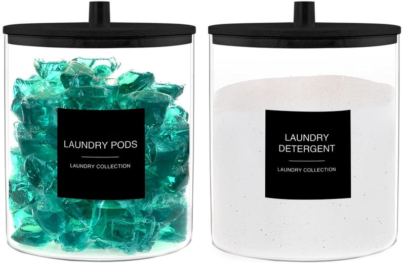 TIPGO Glass Jars for Laundry Room Organization, Laundry Pods Container with 27 Labels, Detergent Holder with Bamboo Lid, Cute Storage Jars, Black (Set of 2) - Image 1