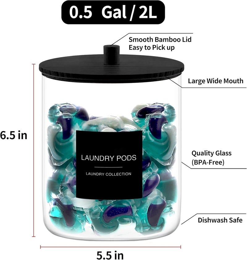 TIPGO Glass Jars for Laundry Room Organization, Laundry Pods Container with 27 Labels, Detergent Holder with Bamboo Lid, Cute Storage Jars, Black (Set of 2) - Image 3