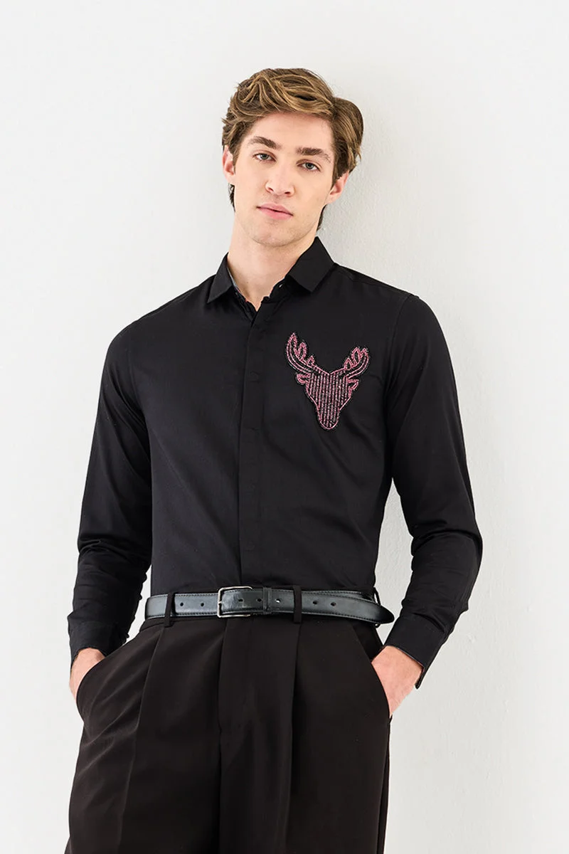 SNITCH Black Embroidered Long Sleeve Slim Fit Shirt