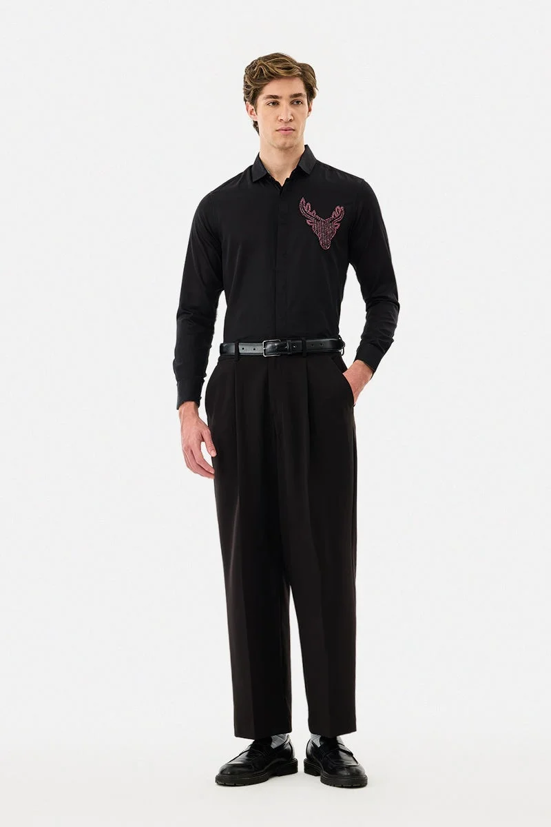 سنيتش Black Embroidered Long Sleeve Slim Fit Shirt