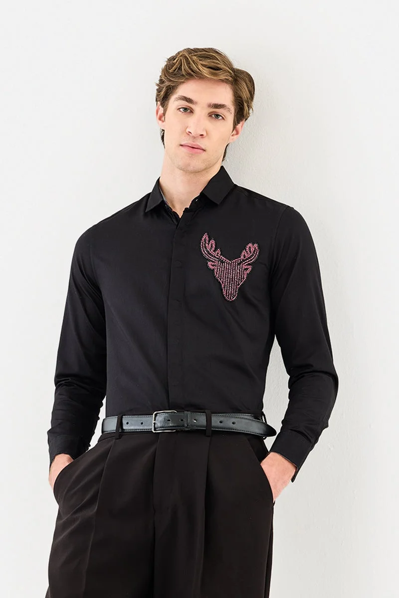 سنيتش Black Embroidered Long Sleeve Slim Fit Shirt