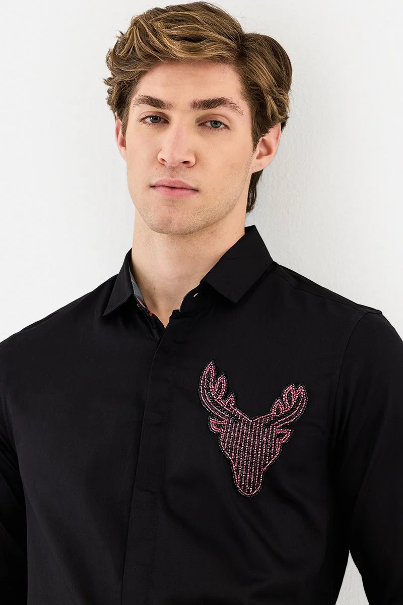 سنيتش Black Embroidered Long Sleeve Slim Fit Shirt