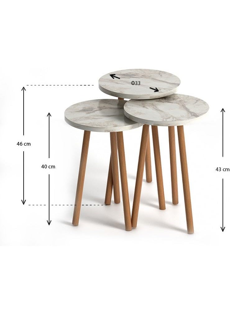 Marble Effect Nesting Side Tables Set of 3, Melamine Top Solid Beech Wood Legs, Round Tabletop, 3 Varying Heights, Easy Assembly, Home & Business Use - Image 3