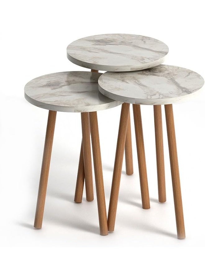 Marble Effect Nesting Side Tables Set of 3, Melamine Top Solid Beech Wood Legs, Round Tabletop, 3 Varying Heights, Easy Assembly, Home & Business Use - Image 1