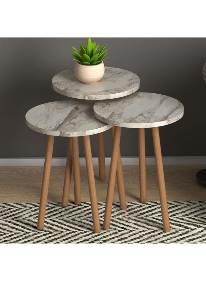 Marble Effect Nesting Side Tables Set of 3, Melamine Top Solid Beech Wood Legs, Round Tabletop, 3 Varying Heights, Easy Assembly, Home & Business Use - Image 2