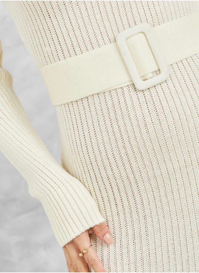 Styli Ribbed Turtle Neck Belted Sweater Bodycon Midi Dress