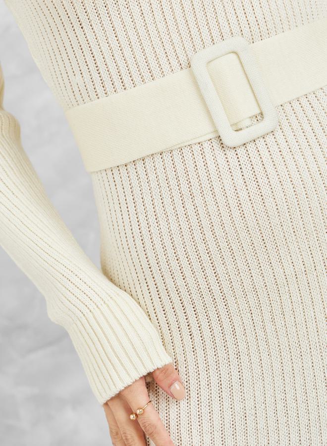 Styli Ribbed Turtle Neck Belted Sweater Bodycon Midi Dress  - Image 2