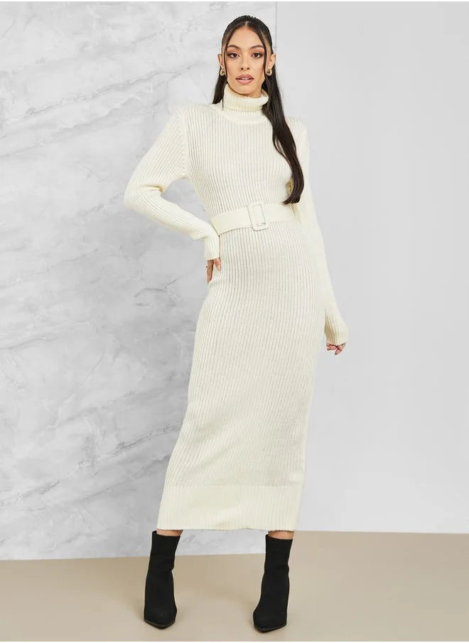 Styli Ribbed Turtle Neck Belted Sweater Bodycon Midi Dress