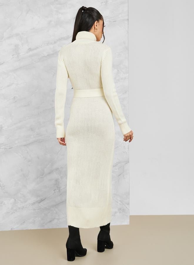 Styli Ribbed Turtle Neck Belted Sweater Bodycon Midi Dress  - Image 3