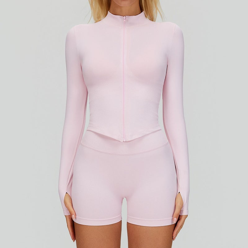 European and American Style Stand Collar Zipper Long Sleeve Yoga Jacket for Women - Tight-Fitting Quick-Drying Outdoor Fitness Top