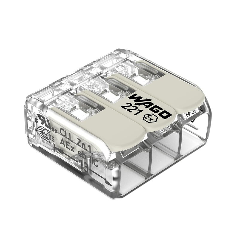 Wago 221-683 | 221 Series Lever-Nuts® for Hazardous Locations | 3-Conductor Splicing Connector | 20 – 10 AWG | Transparent housing, White Operating levers | [Box of 30 Pieces] - Image 1