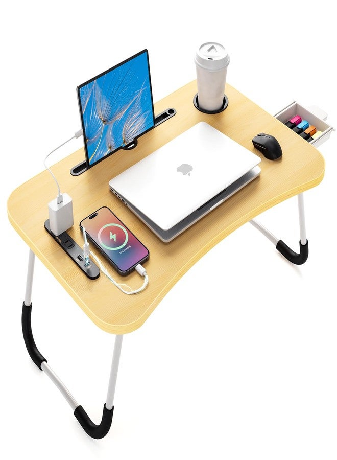 FUNITO Folding Laptop Desk with USB & Type C Charging Ports, 24-Inch Bed Desk with Storage Drawer and Cup Holder, for Bed for Working, Eating, Reading, and Watching Movies - Image 1
