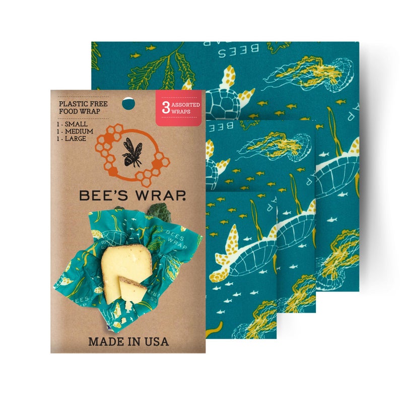 Bee's Wrap Bee's Wrap Reusable Beeswax Food Wraps Made in the USA  Eco Friendly Beeswax Wraps for Food  Sustainable Organic Cotton Wraps  Assorted 3 Pack (S  M  L)  Ocean  - Image 1