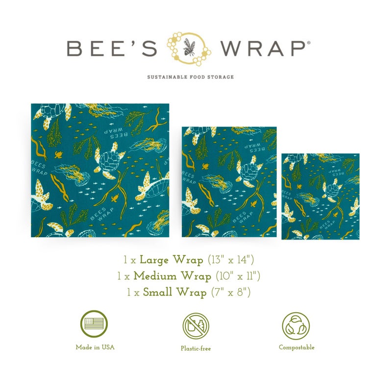Bee's Wrap Bee's Wrap Reusable Beeswax Food Wraps Made in the USA  Eco Friendly Beeswax Wraps for Food  Sustainable Organic Cotton Wraps  Assorted 3 Pack (S  M  L)  Ocean  - Image 2