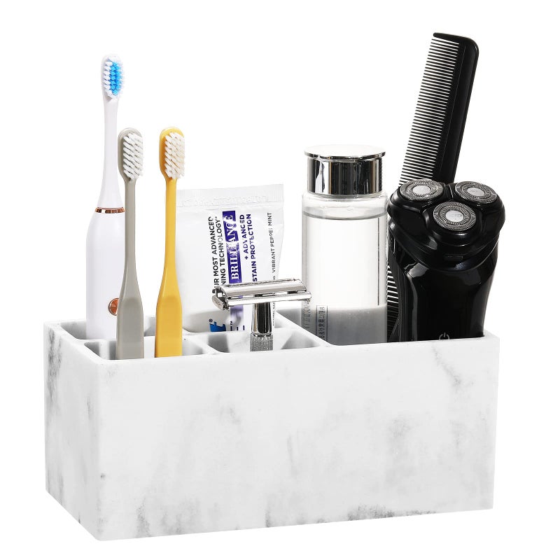 Luxspire Resin Toothbrush Holder, 5 Slots Hygienic Handmade Toothbrush Storage Stand Dispenser Bathroom Organizer Set for Toothpaste, Razor - Ink White - Image 1