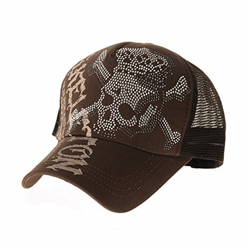WITHMOONS Meshed Baseball Cap Skull Rhinestones Trucker Hat KR1751 (Brown) - Image 1