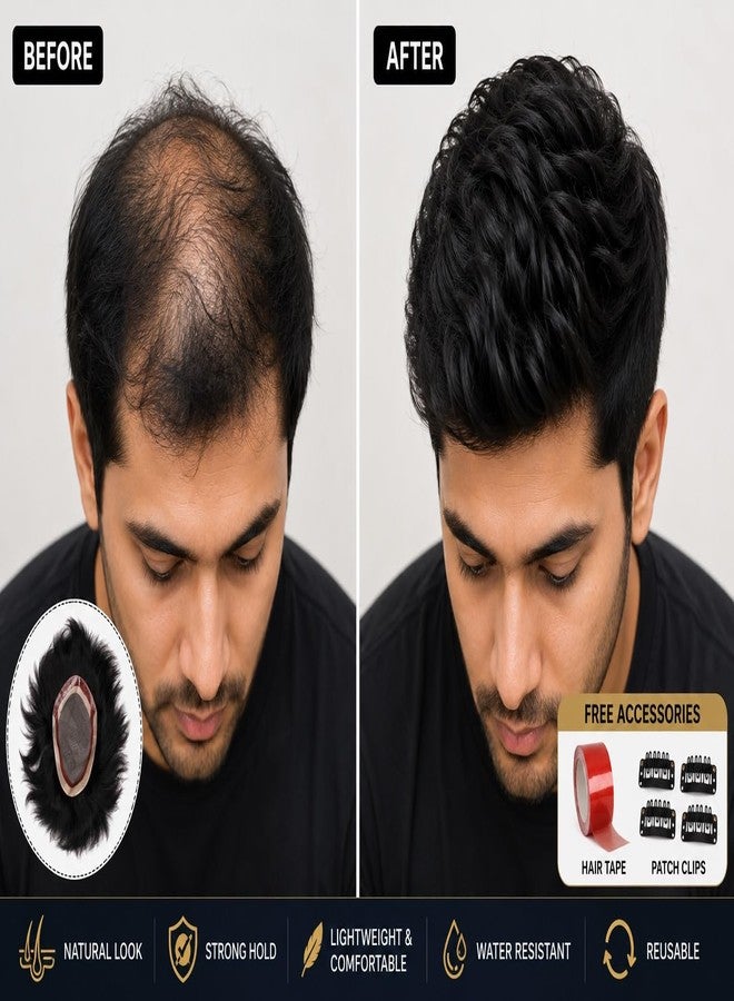 GLAN Human Hair Monofilament Toupee Hair System Hairpiece Hair Loss Solution Hair Patch/Wigs To Easily Attach For Bald Area For Men And Boys Use Pack of 1 (Black, 7 * 5) - Image 4