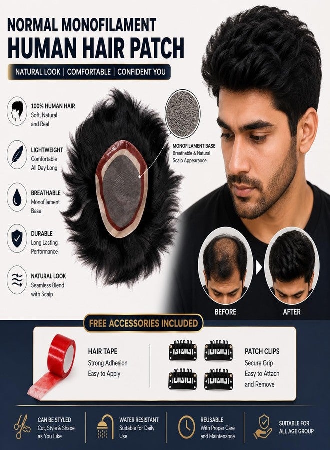 GLAN Human Hair Monofilament Toupee Hair System Hairpiece Hair Loss Solution Hair Patch/Wigs To Easily Attach For Bald Area For Men And Boys Use Pack of 1 (Black, 7 * 5) - Image 5