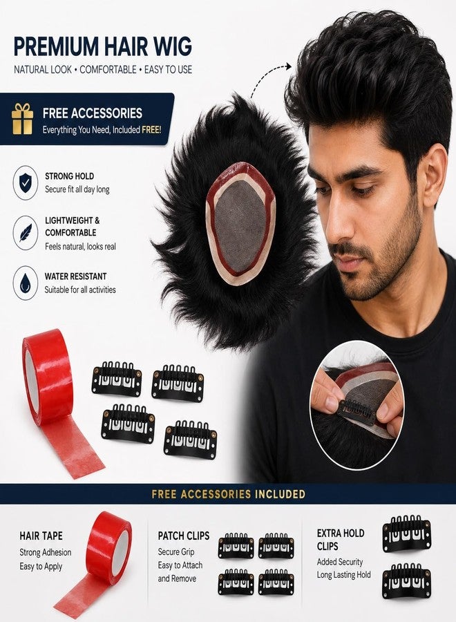 GLAN Human Hair Monofilament Toupee Hair System Hairpiece Hair Loss Solution Hair Patch/Wigs To Easily Attach For Bald Area For Men And Boys Use Pack of 1 (Black, 7 * 5) - Image 3