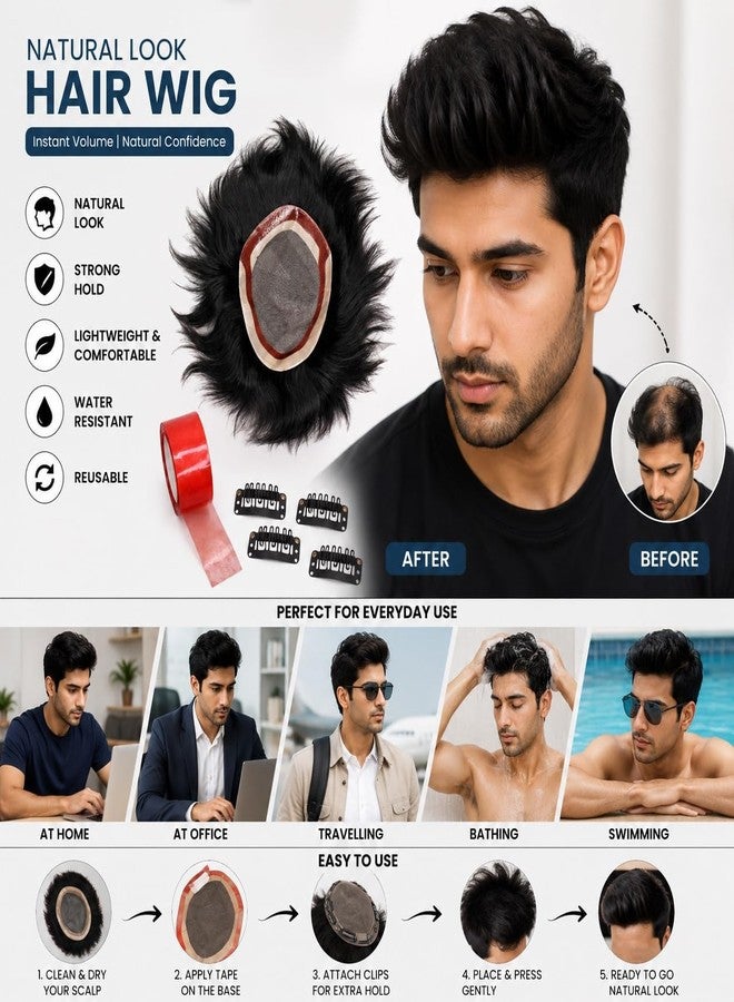 GLAN Human Hair Monofilament Toupee Hair System Hairpiece Hair Loss Solution Hair Patch/Wigs To Easily Attach For Bald Area For Men And Boys Use Pack of 1 (Black, 7 * 5) - Image 1