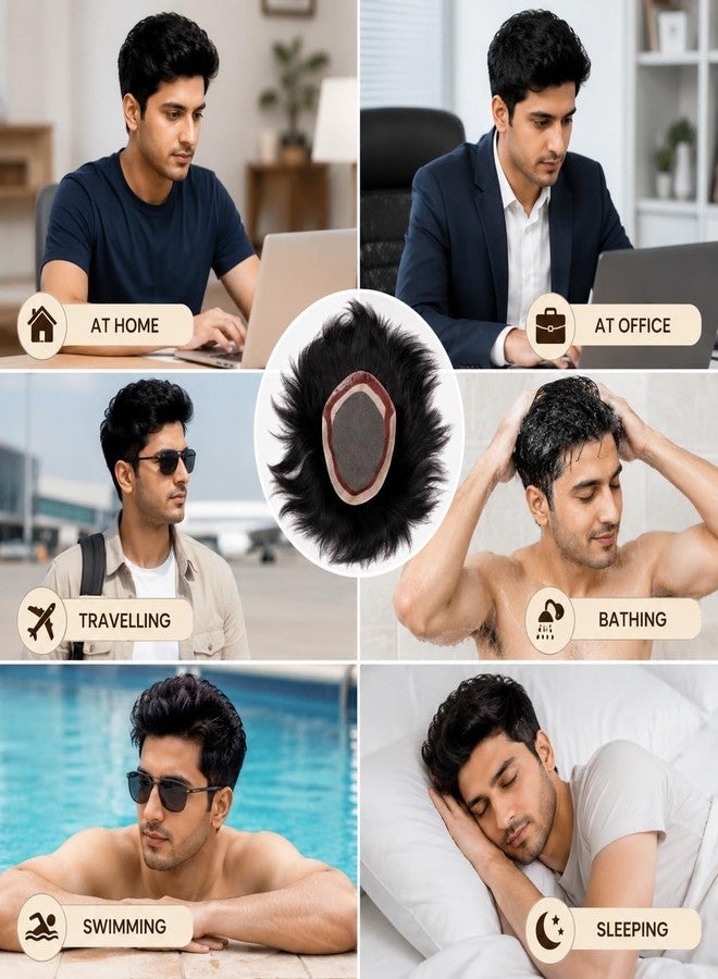 GLAN Human Hair Monofilament Toupee Hair System Hairpiece Hair Loss Solution Hair Patch/Wigs To Easily Attach For Bald Area For Men And Boys Use Pack of 1 (Black, 7 * 5) - Image 2