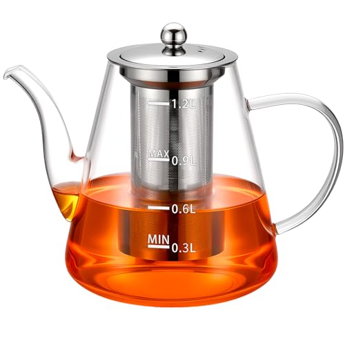 PARACITY Glass Teapot Stovetop 41 OZ1200ml Tea pot with Removable Stainless Steel Infuser Borosilicate Clear Tea Kettle with Scale Teapot Blooming and Loose Leaf Tea Maker Tea Brewer for Camping