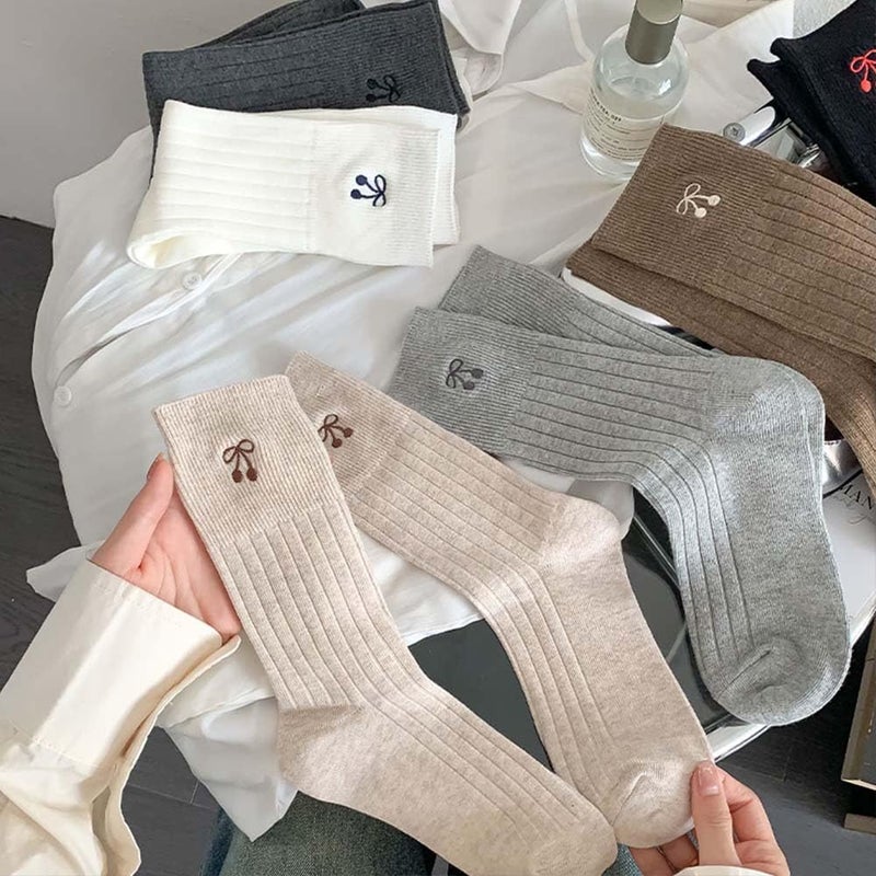 HOMSSEM Ribbed Socks Women Cozy Socks â€“ 5 Pair Cute Womens Crew Socks (Cotton Blend, N. Ribbon Cherry) - Image 2