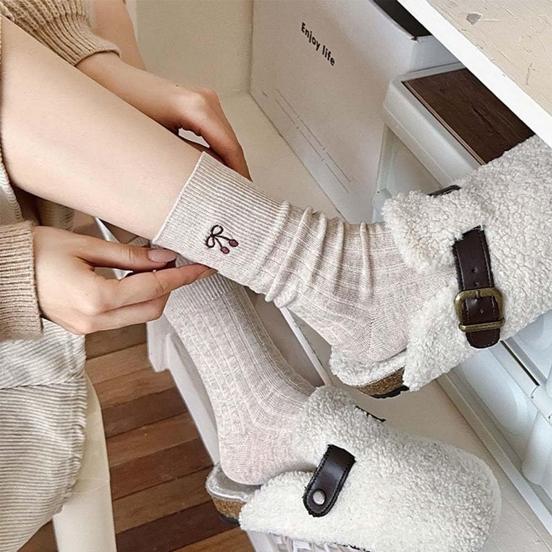 HOMSSEM Ribbed Socks Women Cozy Socks â€“ 5 Pair Cute Womens Crew Socks (Cotton Blend, N. Ribbon Cherry) - Image 4