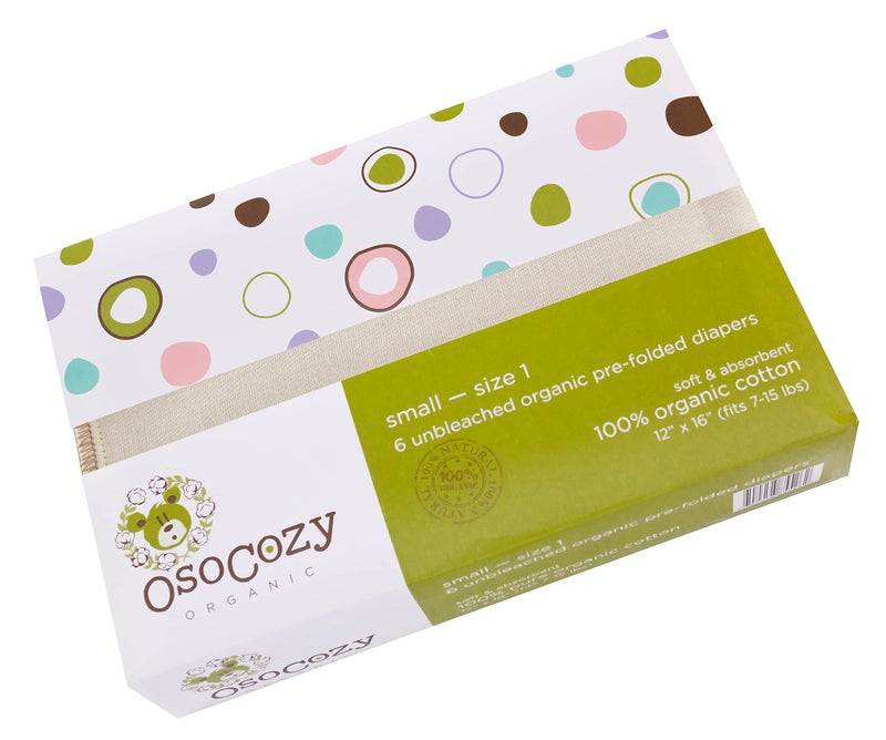 OsoCozy Organic Cotton Prefold Cloth Diapers Traditional Fit Small 4x8x4 Layering (6pk) - Super-Soft, Thick, Absorbent and Durable. Unbleached Natural Color, Fits 7-15 lbs. - Image 1