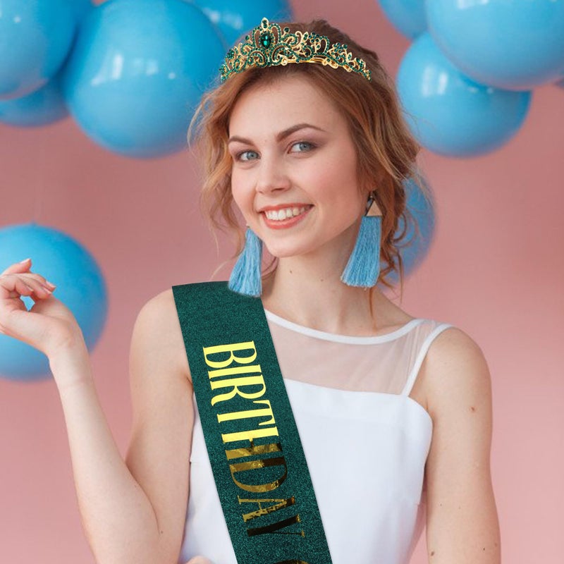 COCIDE Birthday Sash for Women Happy Birthday Crown Tiaras for Women Queen Princess Headband for Party Decoration Girl Green and Gold Sahes Hair Accessories Favors Gift - Image 3