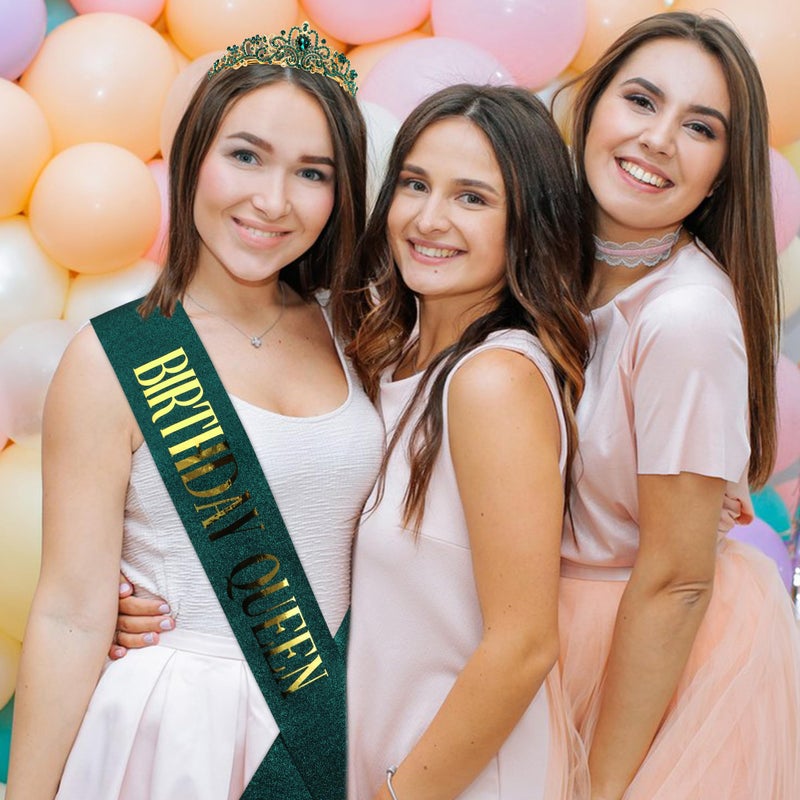 COCIDE Birthday Sash for Women Happy Birthday Crown Tiaras for Women Queen Princess Headband for Party Decoration Girl Green and Gold Sahes Hair Accessories Favors Gift - Image 2