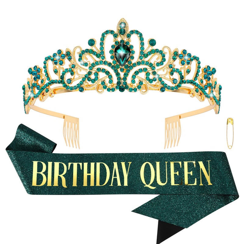 COCIDE Birthday Sash for Women Happy Birthday Crown Tiaras for Women Queen Princess Headband for Party Decoration Girl Green and Gold Sahes Hair Accessories Favors Gift - Image 1