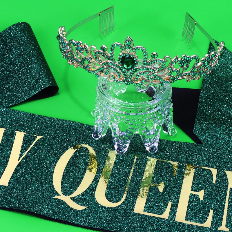 COCIDE Birthday Sash for Women Happy Birthday Crown Tiaras for Women Queen Princess Headband for Party Decoration Girl Green and Gold Sahes Hair Accessories Favors Gift - Image 5