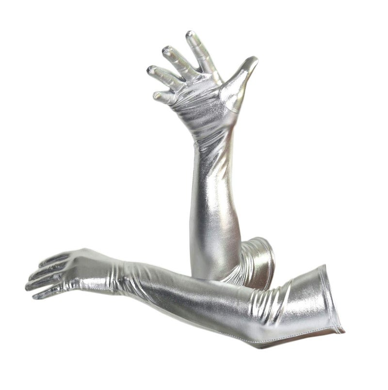 Seeksmile Unisex Shiny Metallic Spandex Gloves Adult Long Halloween Christmas Costume Hand Glove (56 CM/22 inches, Silver)