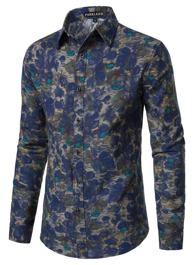PARKLEES Men's Cotton Linen-Like 70s Disco Retro Traditional Pattern Printed Long Sleeve Button Down Shirt, Blue Pattern, L - Image 2