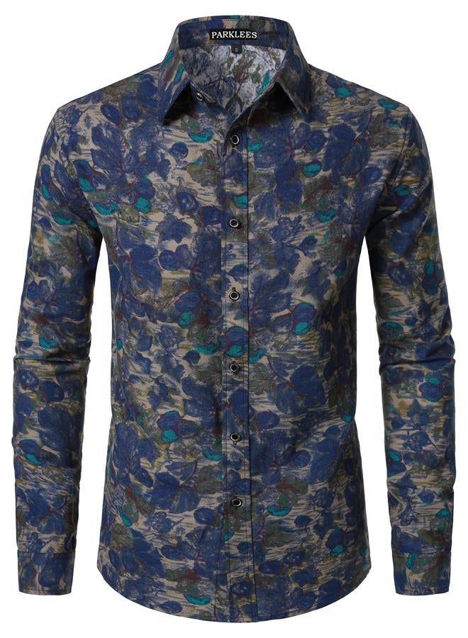 PARKLEES Men's Cotton Linen-Like 70s Disco Retro Traditional Pattern Printed Long Sleeve Button Down Shirt, Blue Pattern, L - Image 1