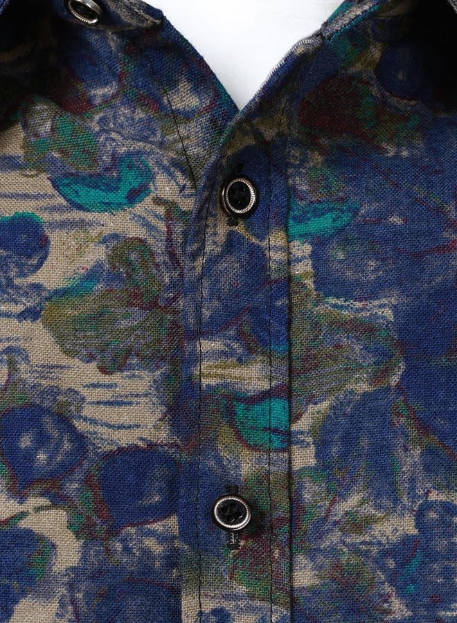 PARKLEES Men's Cotton Linen-Like 70s Disco Retro Traditional Pattern Printed Long Sleeve Button Down Shirt, Blue Pattern, L - Image 5