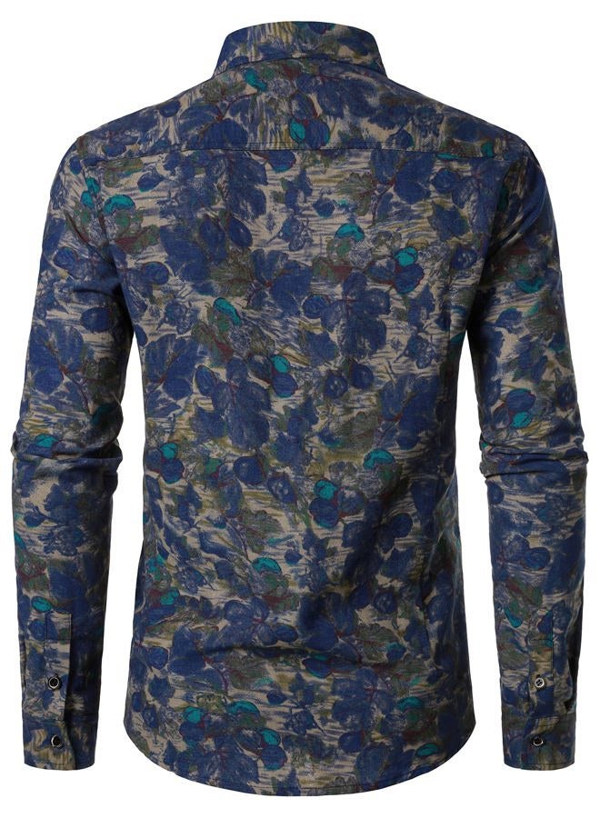 PARKLEES Men's Cotton Linen-Like 70s Disco Retro Traditional Pattern Printed Long Sleeve Button Down Shirt, Blue Pattern, L - Image 3