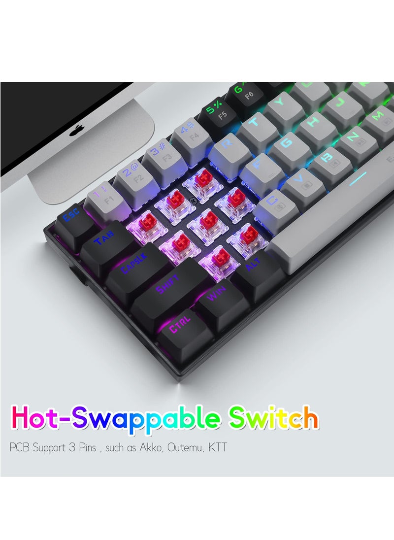65% RGB Gaming Keyboard,Wired 68 Keys Red Switch Mechanical Keyboard,Detachable USB-C Cable, Separate Arrow Keys for Office Gaming - Grey Black