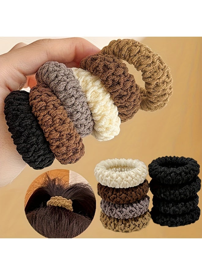 12pcs Thick High-Elasticity Hair Ties for Women - Soft No-Contour Design, Retro Bohemian Style, 6 Solid Colors (Beige/Black/White/Brown/Gray/Dark Gray) - Durable Hair Accessories for Ponytails, Buns & Braids, Hair Ties for Thick Hair, Hairstyle Essentials, Soft Texture - Image 3